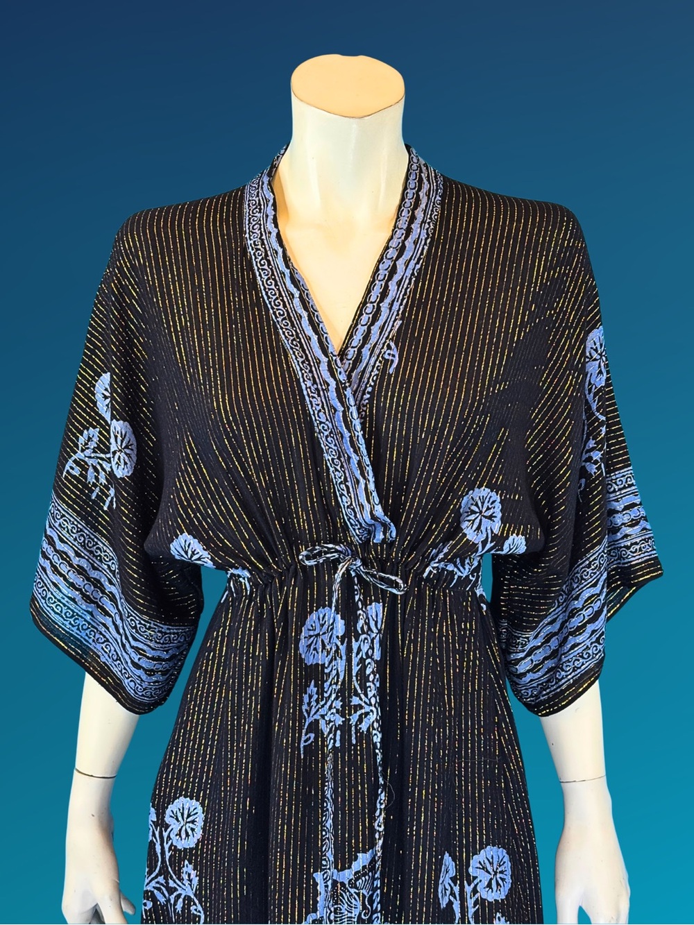 90s Gold Metallic Stripe Black and Blue Rayon Kaftan Dress | S M